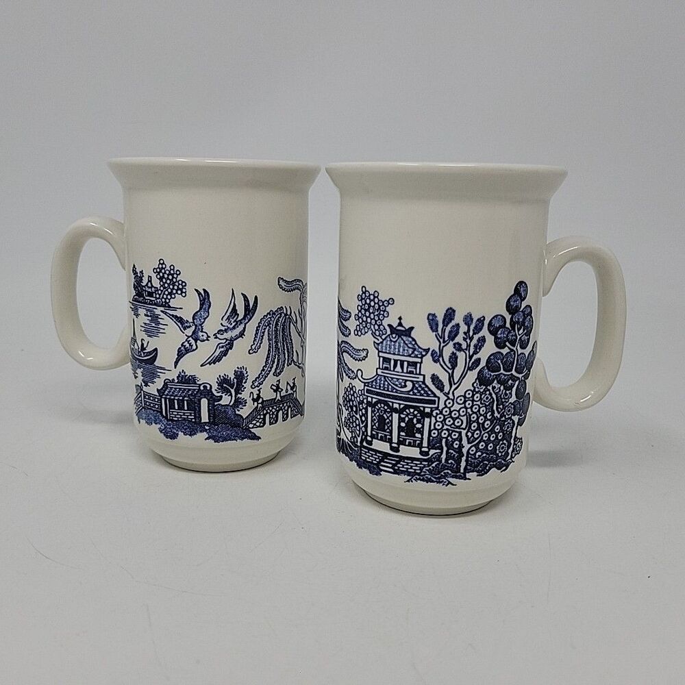2 Churchill Blue Willow Mugs Made in England 8 oz Bird Landscape White